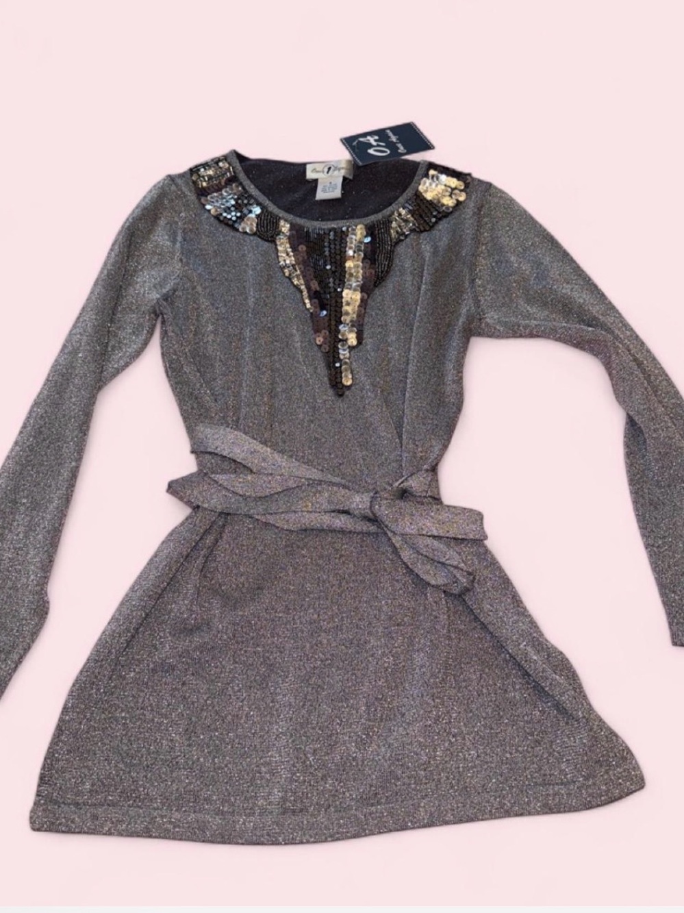 Once Again metallic silver sequined-neckline mini dress